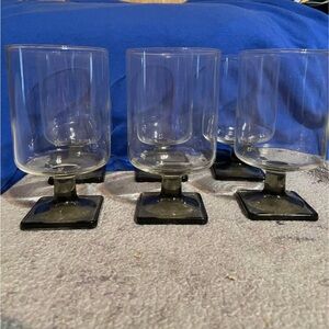 Set of 6 Vintage Square-Base Stemmed Glasses - Clear with Smoky Gray Base